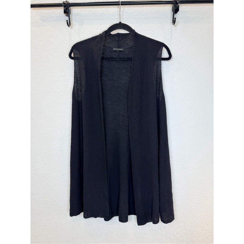 Eileen Fisher 100% Italian Yarn Wool Sleeveless Black Sweater Vest Cardigan sz S